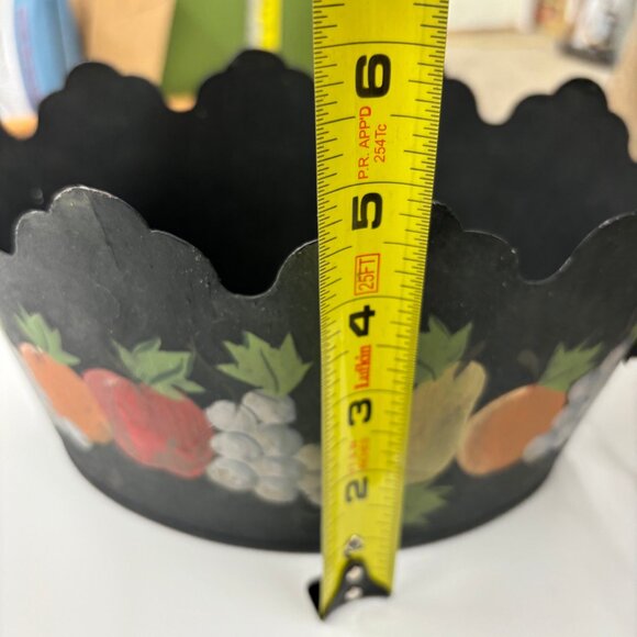 Vintage Oval Planter Bucket Handles Scalloped Edge Metal Folk Art Hand Painted - Picture 8 of 10